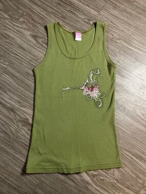 Y2K LAT Ribbed Green Tank Top Floral Graphic Size Large